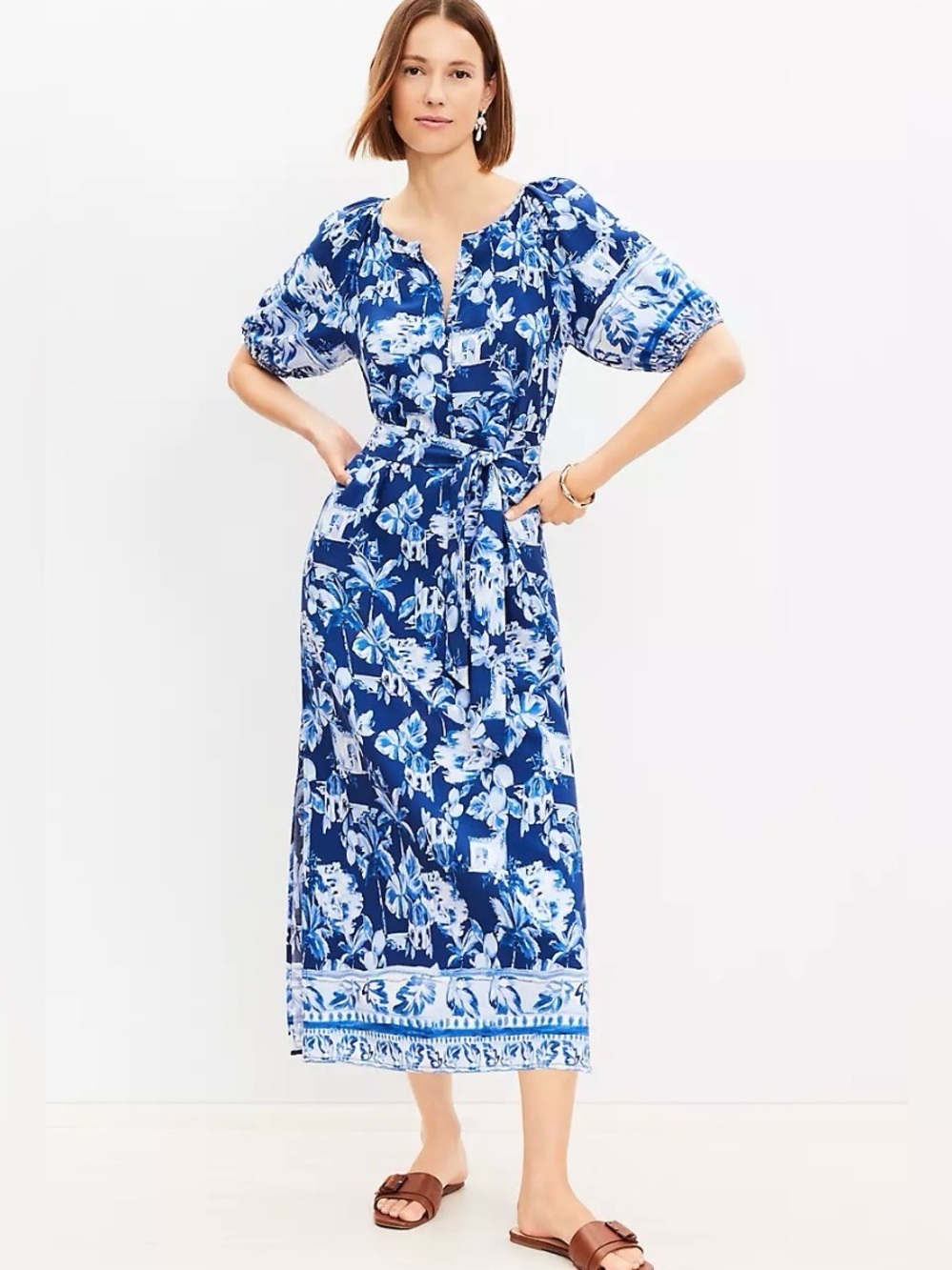 Loft Corfu Blue White Puff Sleeve Belted European Vacation Vibes Maxi Dress